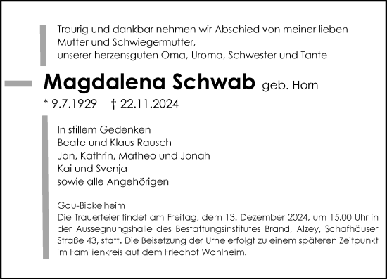 Traueranzeige von Magdalena Schwab von Allgemeine Zeitung Alzey