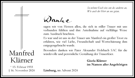 Traueranzeige von Manfred Klärner von Nassauische Neue Presse