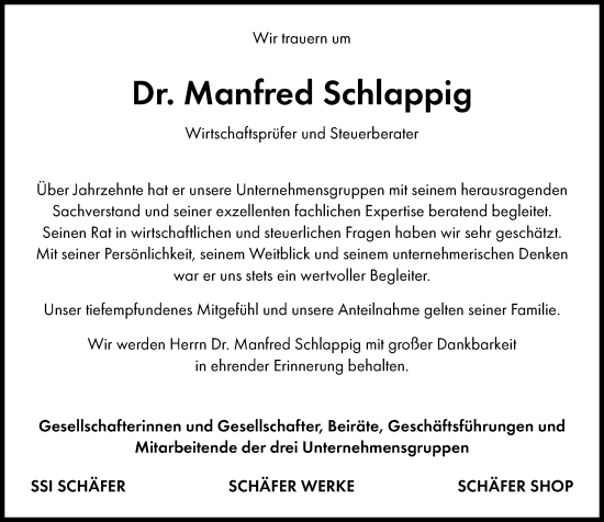 Traueranzeige von Manfred Schlappig von Dill Block