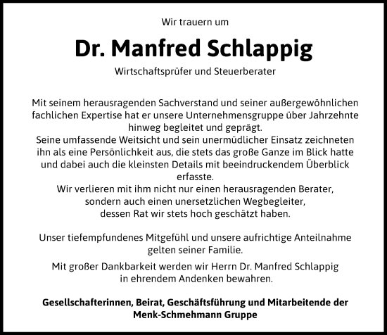 Traueranzeige von Manfred Schlappig von Dill Block