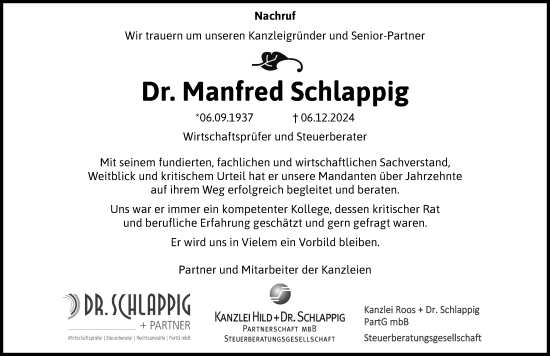 Traueranzeige von Manfred Schlappig von Hinterländer Anzeiger