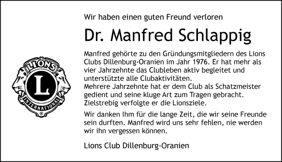 Traueranzeige von Manfred Schlappig von Dill Block