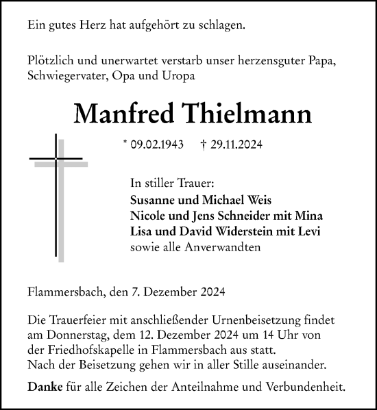 Traueranzeige von Manfred Thielmann von Dill Block