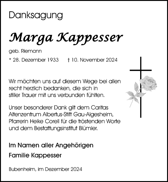 Traueranzeige von Marga Kappesser von Allgemeine Zeitung Rheinhessen-Nahe