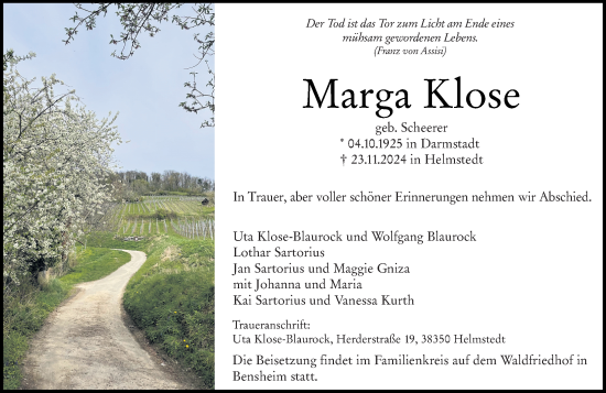 Traueranzeige von Marga Klose von Starkenburger Echo
