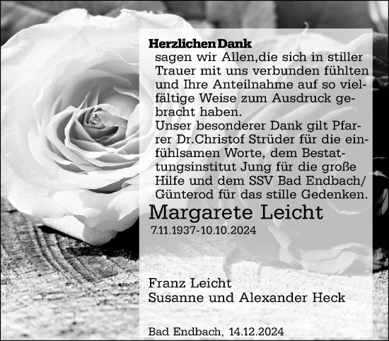 Traueranzeige von Margarete Leicht von Hinterländer Anzeiger