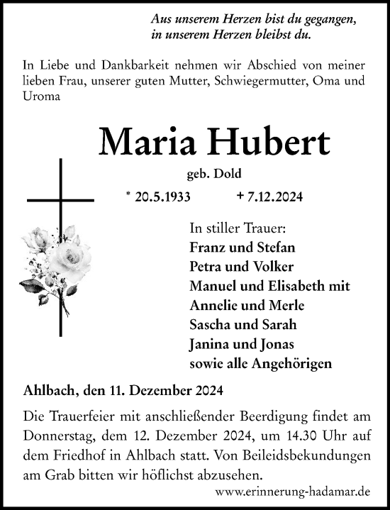 Traueranzeige von Maria Hubert von Nassauische Neue Presse
