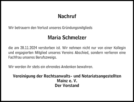 Traueranzeige von Maria Schmelzer von Allgemeine Zeitung Mainz