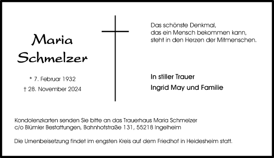 Traueranzeige von Maria Schmelzer von Allgemeine Zeitung Mainz