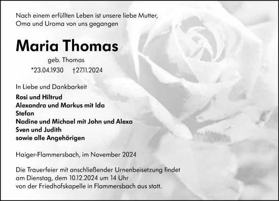 Traueranzeige von Maria Thomas von Dill Block