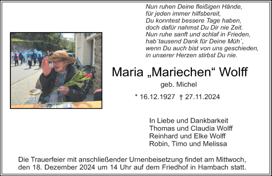 Traueranzeige von Maria Wolff von Starkenburger Echo