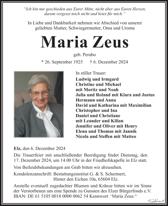 Traueranzeige von Maria Zeus von Nassauische Neue Presse