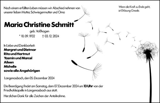 Traueranzeige von Maria Christine Schmitt von Dill Block