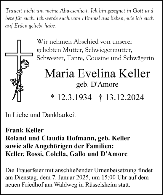 Traueranzeige von Maria Evelina Keller von Rüsselsheimer Echo