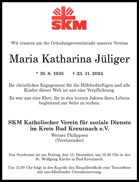 Traueranzeige von Maria Katharina Jüliger von Allgemeine Zeitung Rheinhessen-Nahe