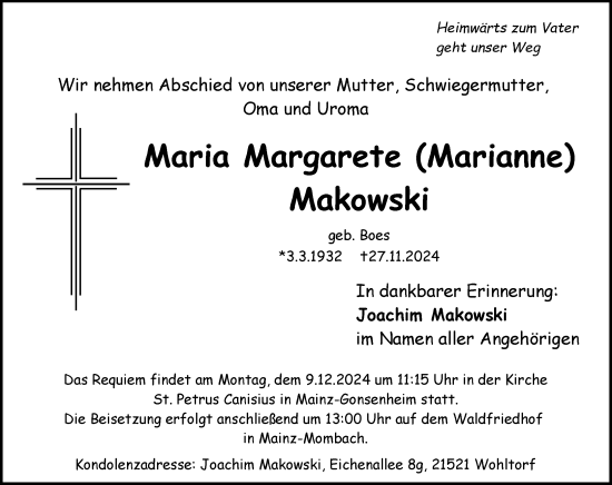 Traueranzeige von Maria Margarete Makowski von Allgemeine Zeitung Mainz