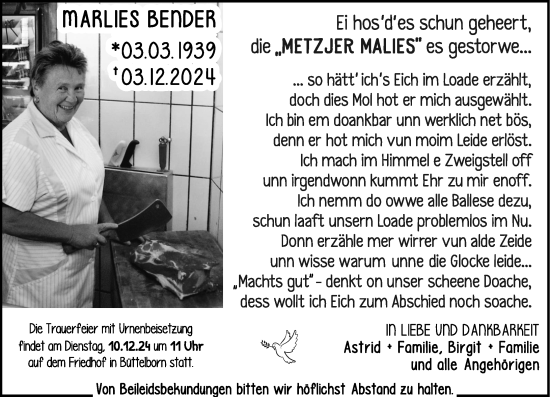 Traueranzeige von Marlies Bender von Groß-Gerauer Echo