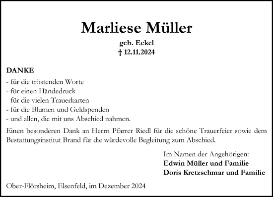 Traueranzeige von Marliese Müller von Allgemeine Zeitung Alzey