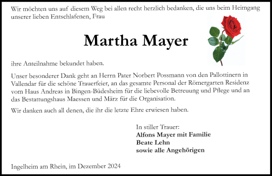 Traueranzeige von Martha Mayer von Allgemeine Zeitung Rheinhessen-Nahe