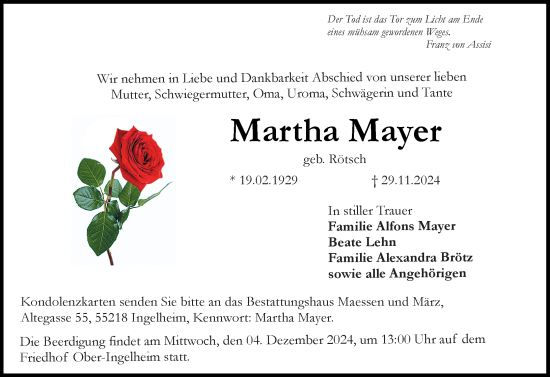 Traueranzeige von Martha Mayer von Allgemeine Zeitung Rheinhessen-Nahe