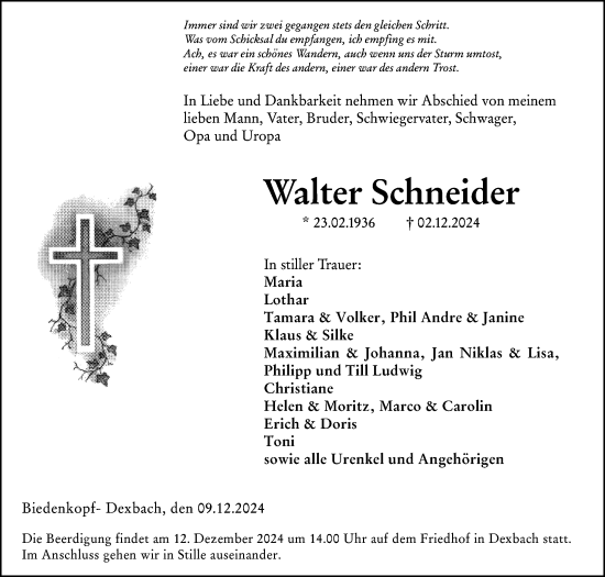 Traueranzeige von Walter Schneider von Hinterländer Anzeiger
