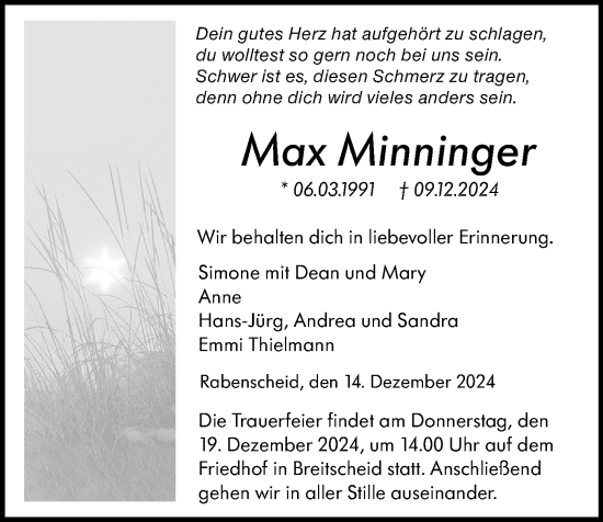 Traueranzeige von Max Minninger von Dill Block