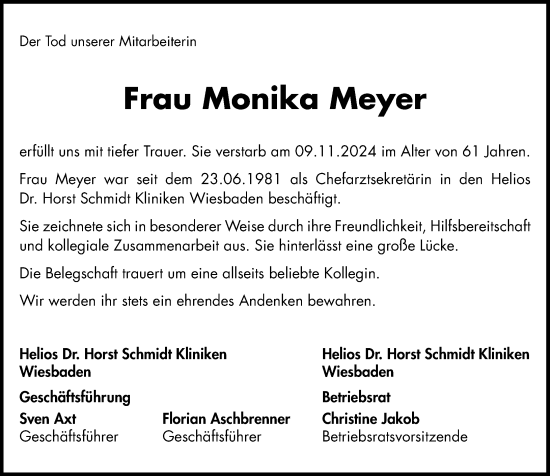 Traueranzeige von Monika Meyer von Wiesbadener Kurier