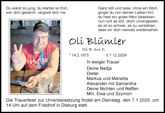 Traueranzeige von Oliver Blümler von Dieburger Anzeiger/Groß-Zimmerner Lokal-Anzeiger