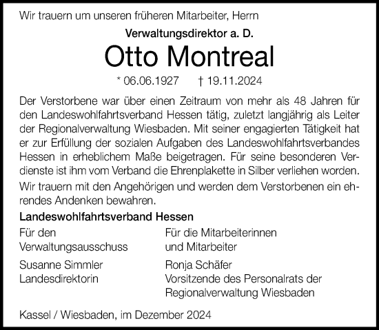 Traueranzeige von Otto Montreal von Wiesbadener Kurier