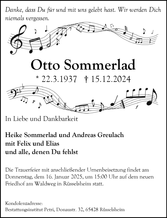 Traueranzeige von Otto Sommerlad von Rüsselsheimer Echo