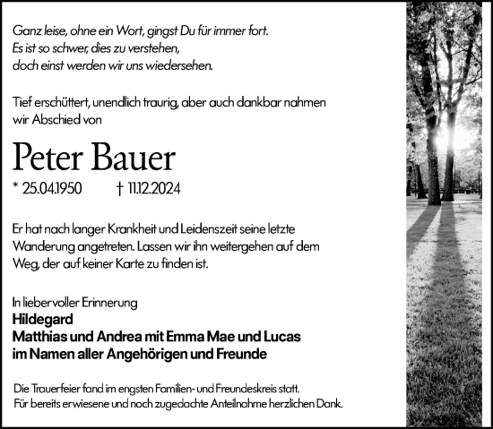 Traueranzeige von Peter Bauer von Camberger Anzeiger