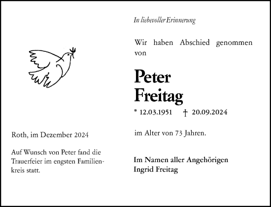 Traueranzeige von Peter Freitag von Wiesbadener Kurier