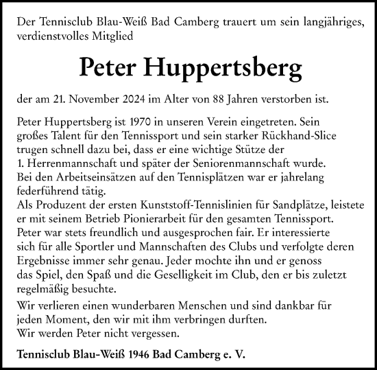 Traueranzeige von Peter Huppertsberg von Camberger Anzeiger