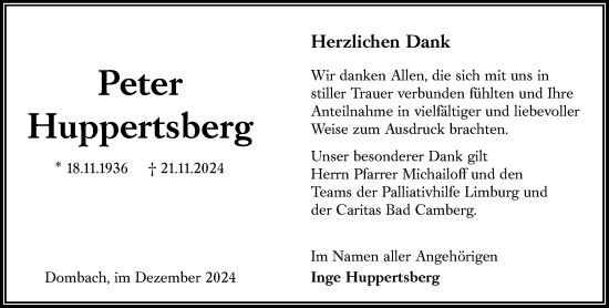 Traueranzeige von Peter Huppertsberg von Camberger Anzeiger