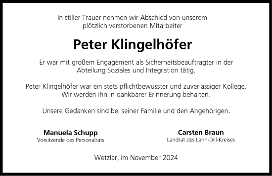 Traueranzeige von Peter Klingelhöfer von Dill Block