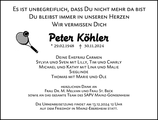 Traueranzeige von Peter Köhler von Allgemeine Zeitung Mainz