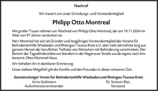 Traueranzeige von Philipp  Montreal von Wiesbadener Kurier
