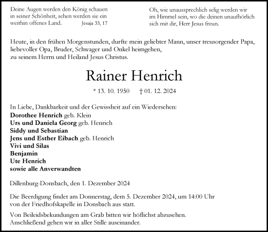 Traueranzeige von Rainer Henrich von Dill Block