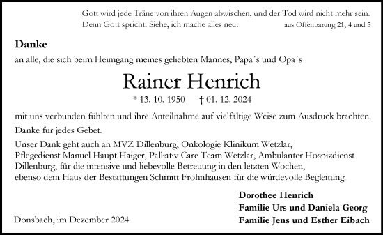 Traueranzeige von Rainer Henrich von Dill Block
