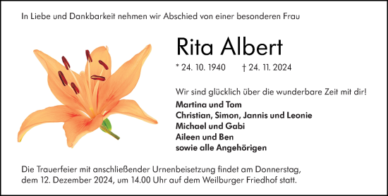 Traueranzeige von Rita Albert von Weilburger Tageblatt