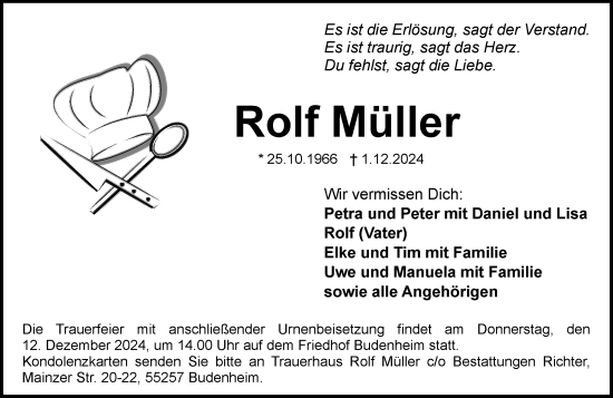 Traueranzeige von Rolf Müller von Allgemeine Zeitung Mainz