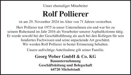 Traueranzeige von Rolf Pollierer von Odenwälder Echo
