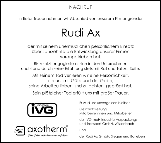 Traueranzeige von Rudi Ax von Hinterländer Anzeiger