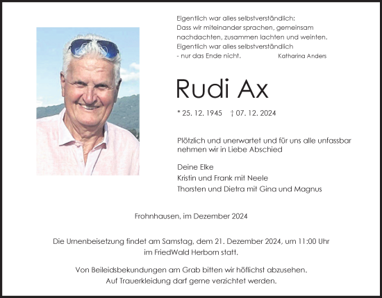 Traueranzeige von Rudi Ax von Hinterländer Anzeiger