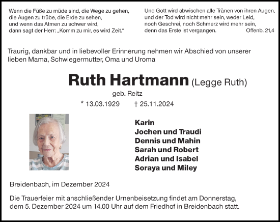 Traueranzeige von Ruth Hartmann von Hinterländer Anzeiger