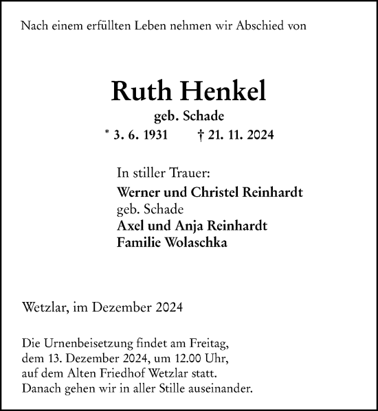 Traueranzeige von Ruth Henkel von Wetzlarer Neue Zeitung