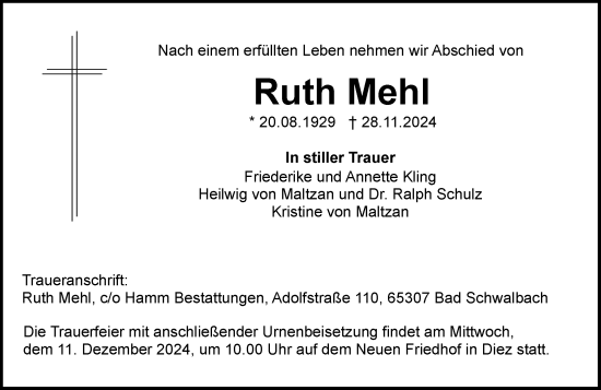 Traueranzeige von Ruth Mehl von Wiesbadener Kurier