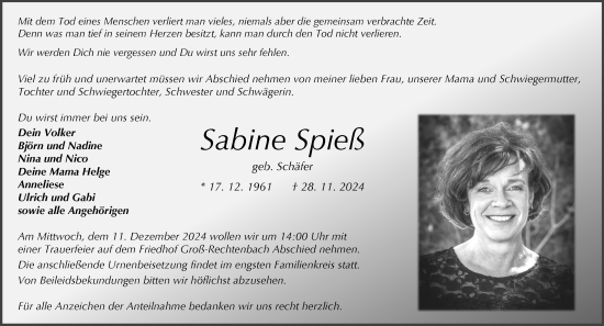 Traueranzeige von Sabine Spieß von Wetzlarer Neue Zeitung
