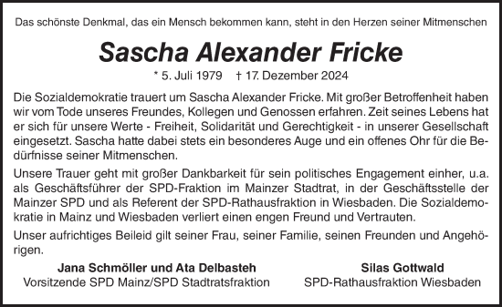 Traueranzeige von Sascha Alexander Fricke von Wiesbadener Kurier