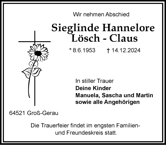 Traueranzeige von Sieglinde Hannelore Lösch-Claus von Groß-Gerauer Echo